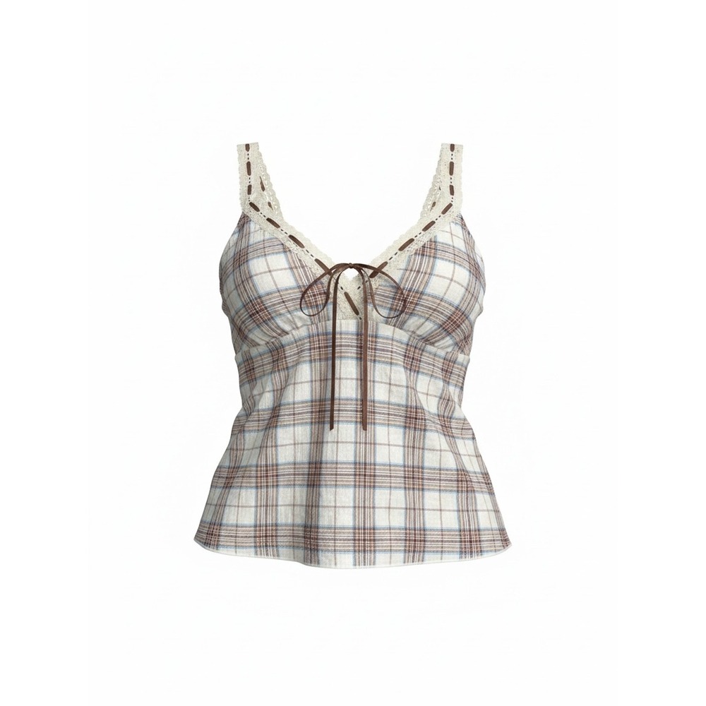 Wild Love Plaid Lace Trim Babydoll Camisole Top Brown Cream Blue L